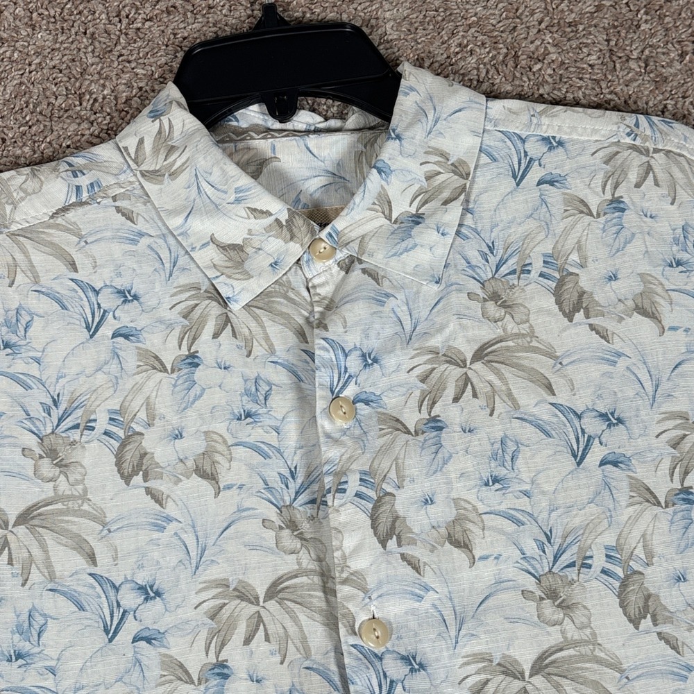 Tommy Bahama Mens Medium 100% Silk Tropical Floral Button Down Shirt Cream Blue